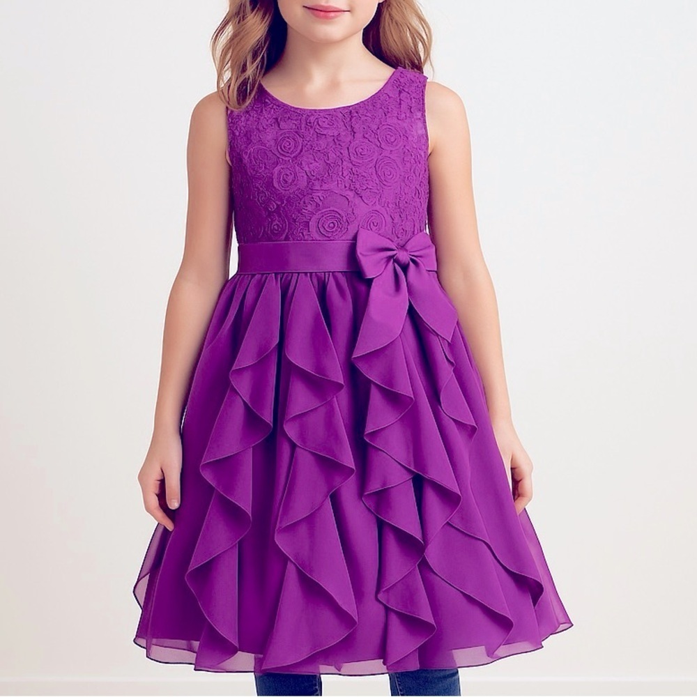 Charming Mia Juliana Girls Purple Ruffle Party Dress w/ Lace & Bow – Size 16